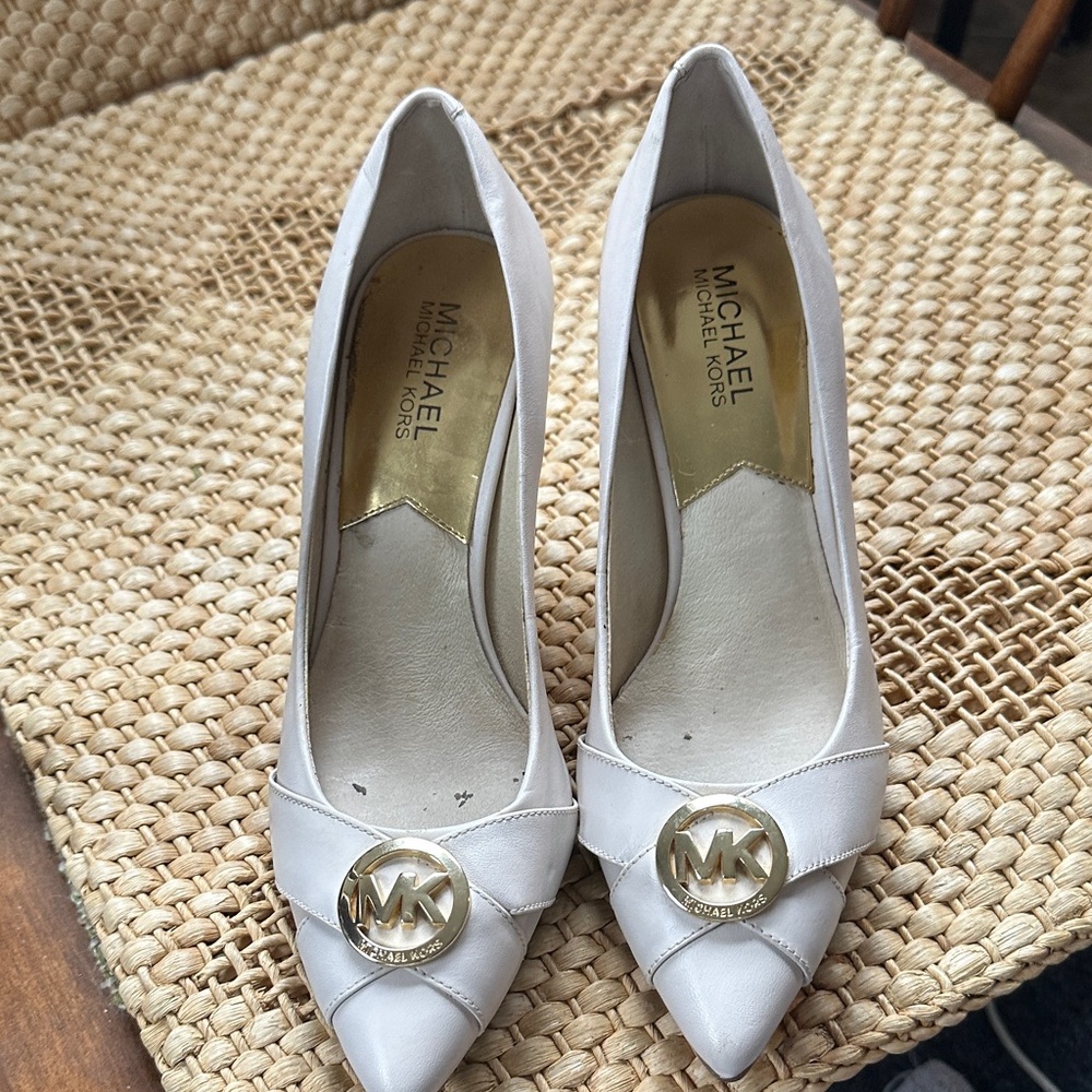 Michael Kors White Heels with Gold Logo